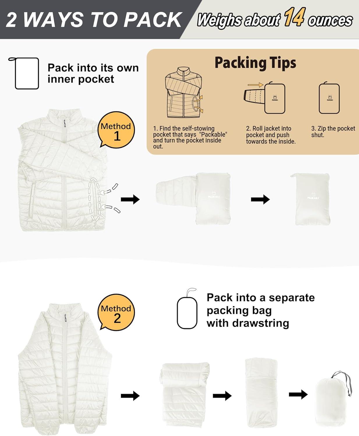 Outdoor Ventures Men’s Lightweight Packable Puffer Winter Jacket Insulated Puffy Coat for Snow Ski Hiking Travel(Cream(fold in Pocket Or Bag))