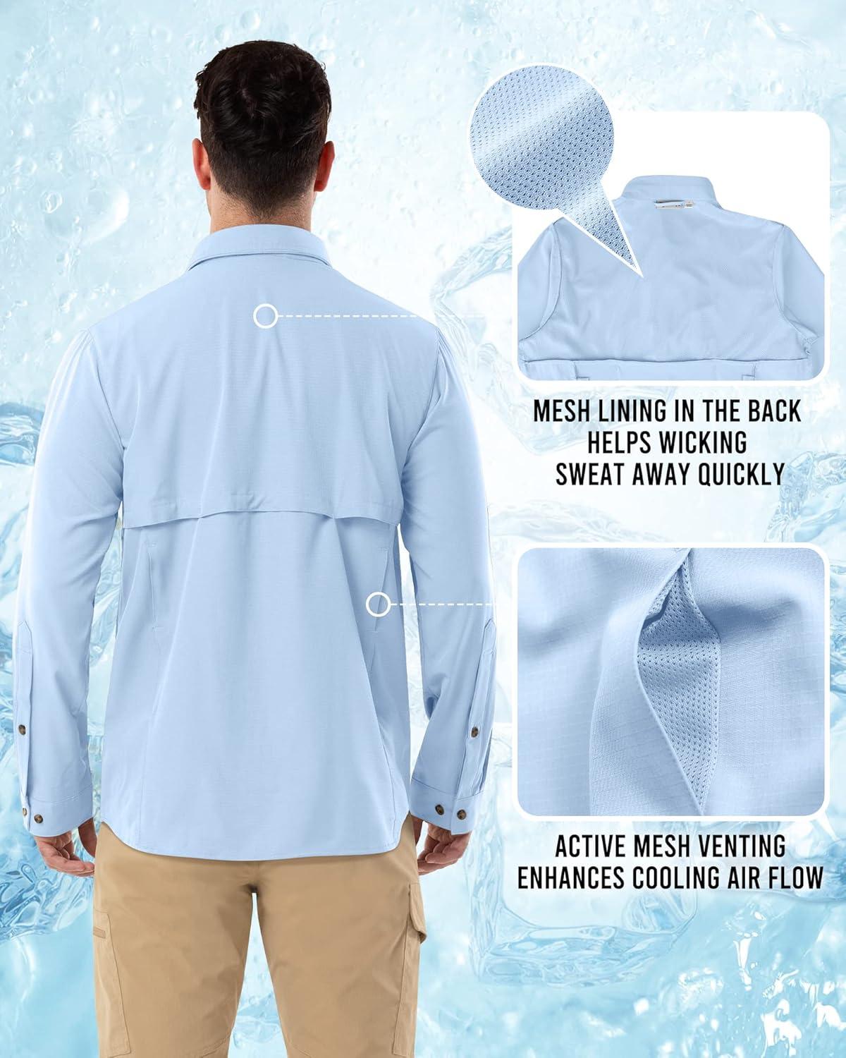 Outdoor Ventures Men’s Long Sleeve Hiking Shirt UPF 50 UV Sun Protection Shirt Cooling Quick Dry for Travel Fishing Safari(Light Blue)