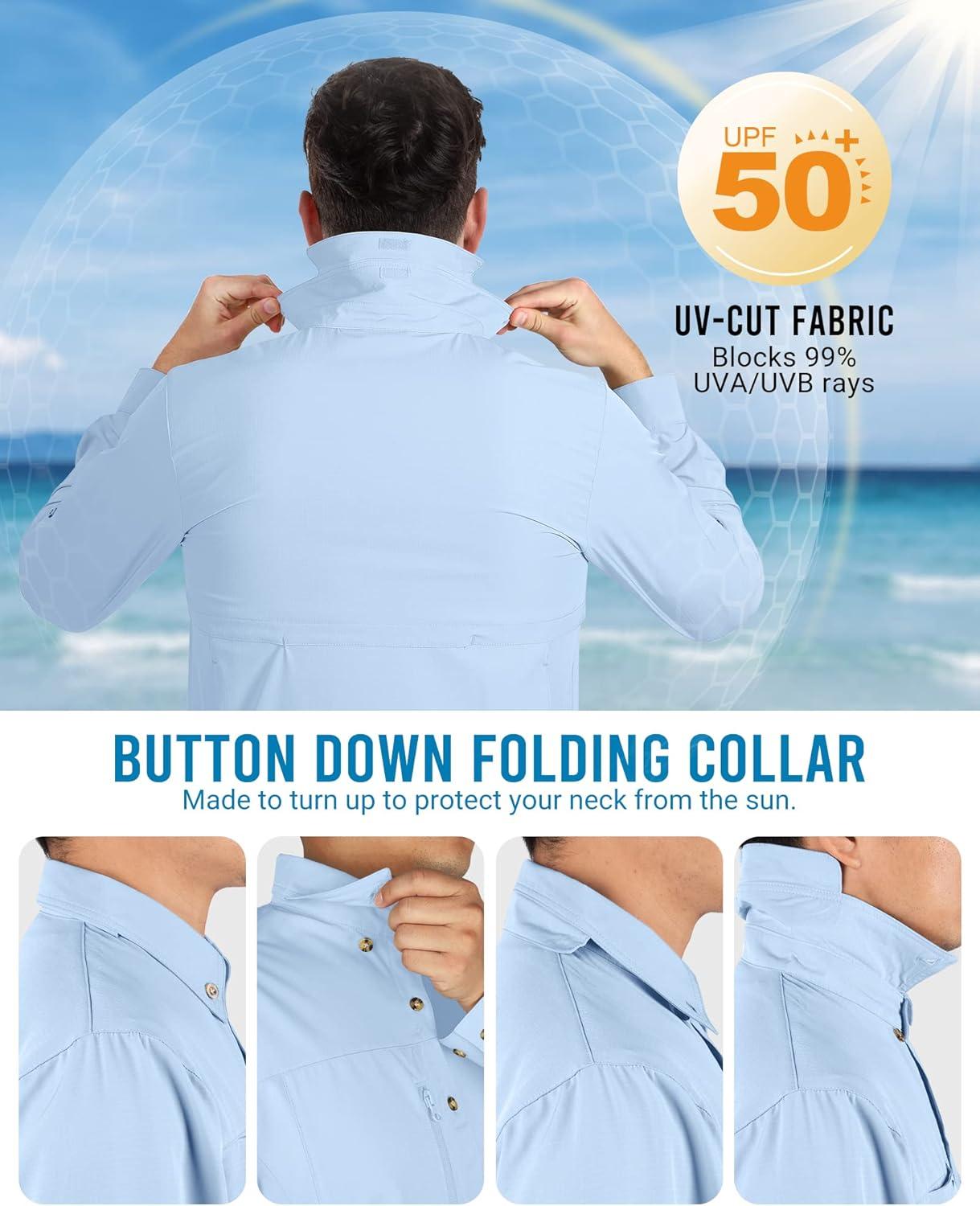 Outdoor Ventures Men’s Long Sleeve Hiking Shirt UPF 50 UV Sun Protection Shirt Cooling Quick Dry for Travel Fishing Safari(Light Blue)