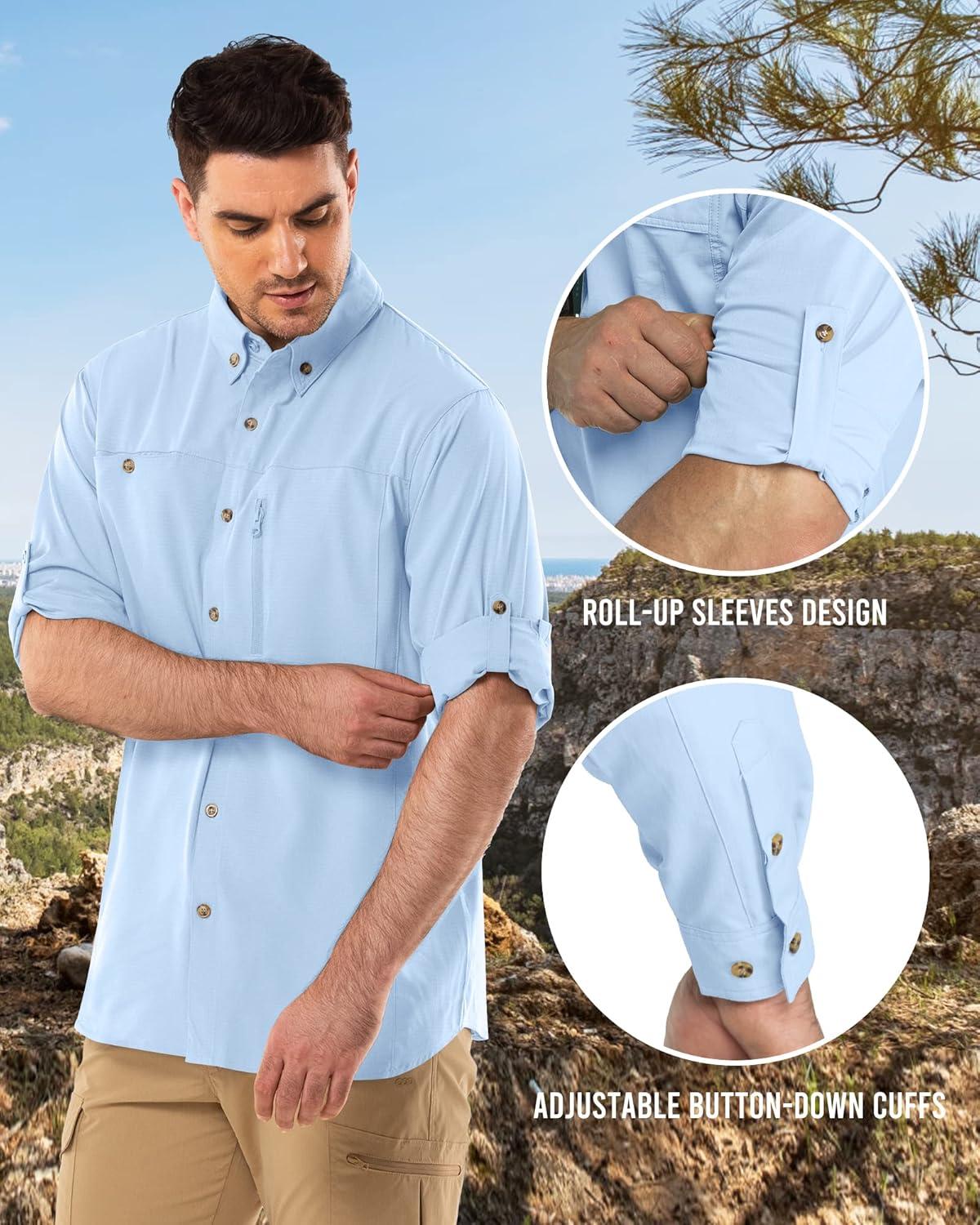 Outdoor Ventures Men’s Long Sleeve Hiking Shirt UPF 50 UV Sun Protection Shirt Cooling Quick Dry for Travel Fishing Safari(Light Blue)