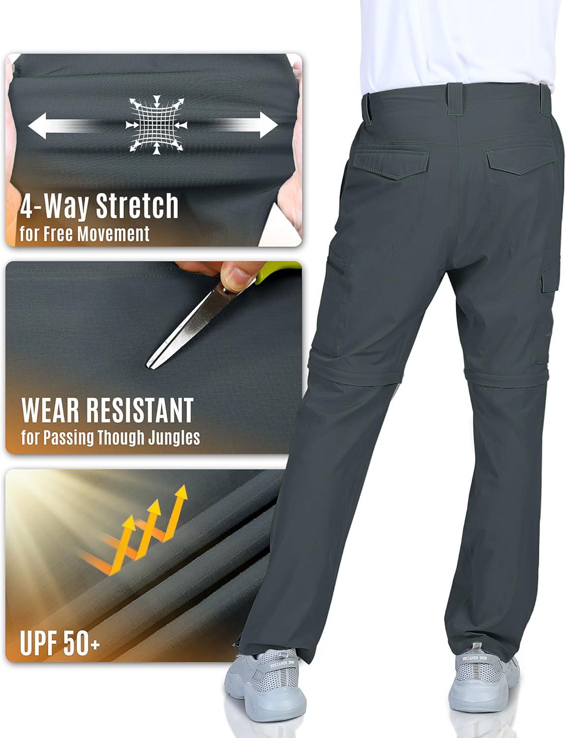 Outdoor Ventures Mens Hiking Pants Lightweight Quick Dry Convertible Pants, Stretch Zip-Off Cargo Pants for Travel Fishing(Gery)