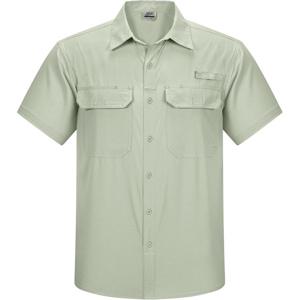 Outdoor Ventures Men’s Lightweight Short Sleeve Fishing Shirt UPF 50 Button Down Quick Dry Cooling Hiking Travel Safari Shirt(Grayish Green)