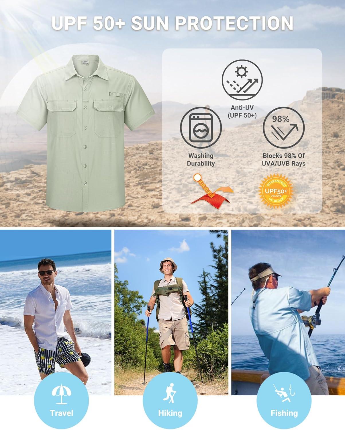 Outdoor Ventures Men’s Lightweight Short Sleeve Fishing Shirt UPF 50 Button Down Quick Dry Cooling Hiking Travel Safari Shirt(Grayish Green)
