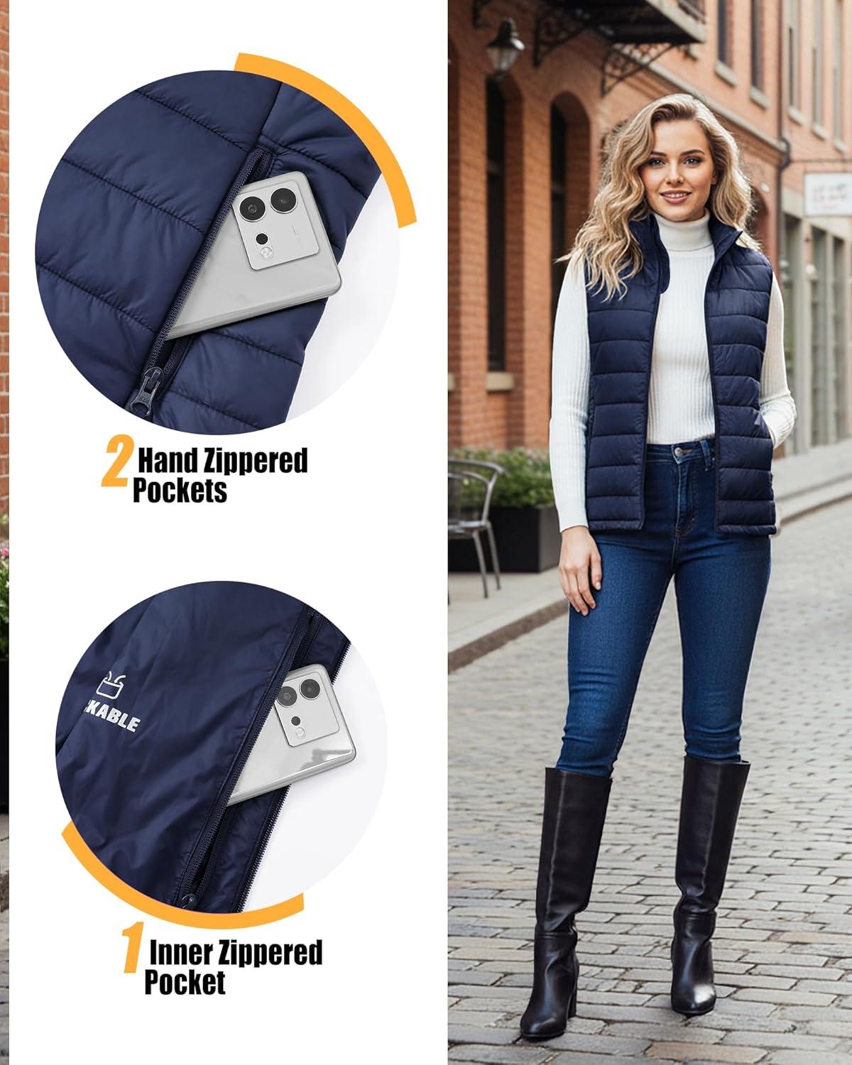 Outdoor Ventures Women’s Lightweight Puffer Vest Outerwear Zip Up Warm Sleeveless Winter Jacket Padded Gilet Quilted Coat(Blue)
