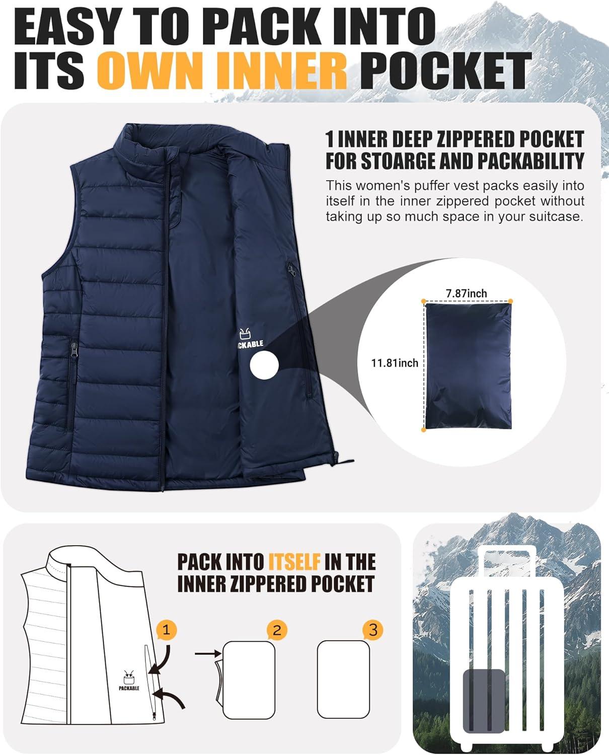 Outdoor Ventures Women’s Lightweight Puffer Vest Outerwear Zip Up Warm Sleeveless Winter Jacket Padded Gilet Quilted Coat(Blue)