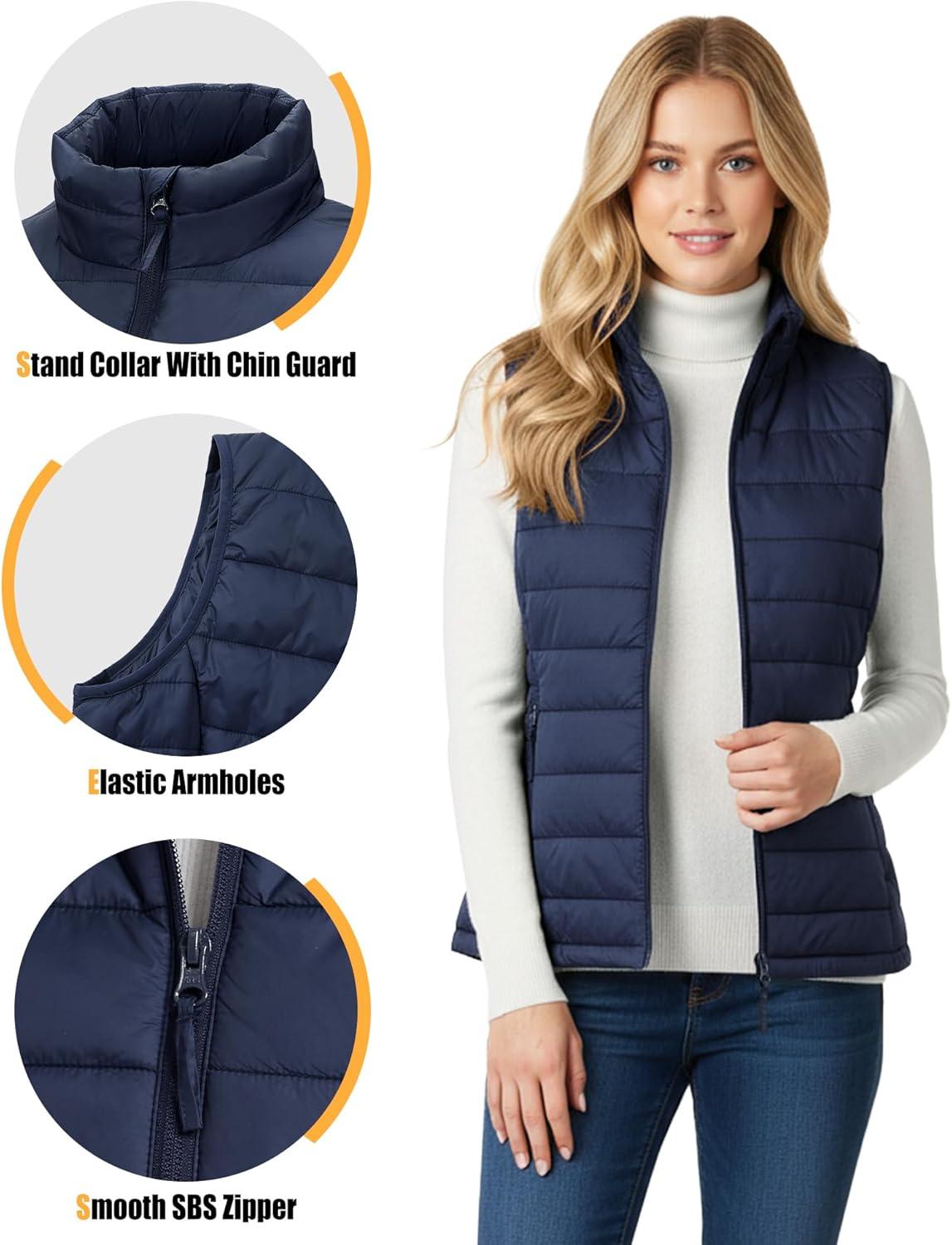 Outdoor Ventures Women’s Lightweight Puffer Vest Outerwear Zip Up Warm Sleeveless Winter Jacket Padded Gilet Quilted Coat(Blue)