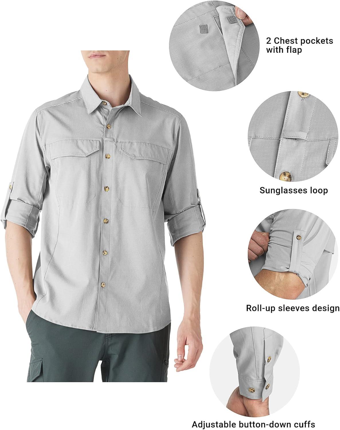 Outdoor Ventures Men’s UPF 50+ UV Sun Protection SPF Hiking Shirt Long Sleeve Lightweight Quick Dry for Safari Travel Fishing(Silver Grey)