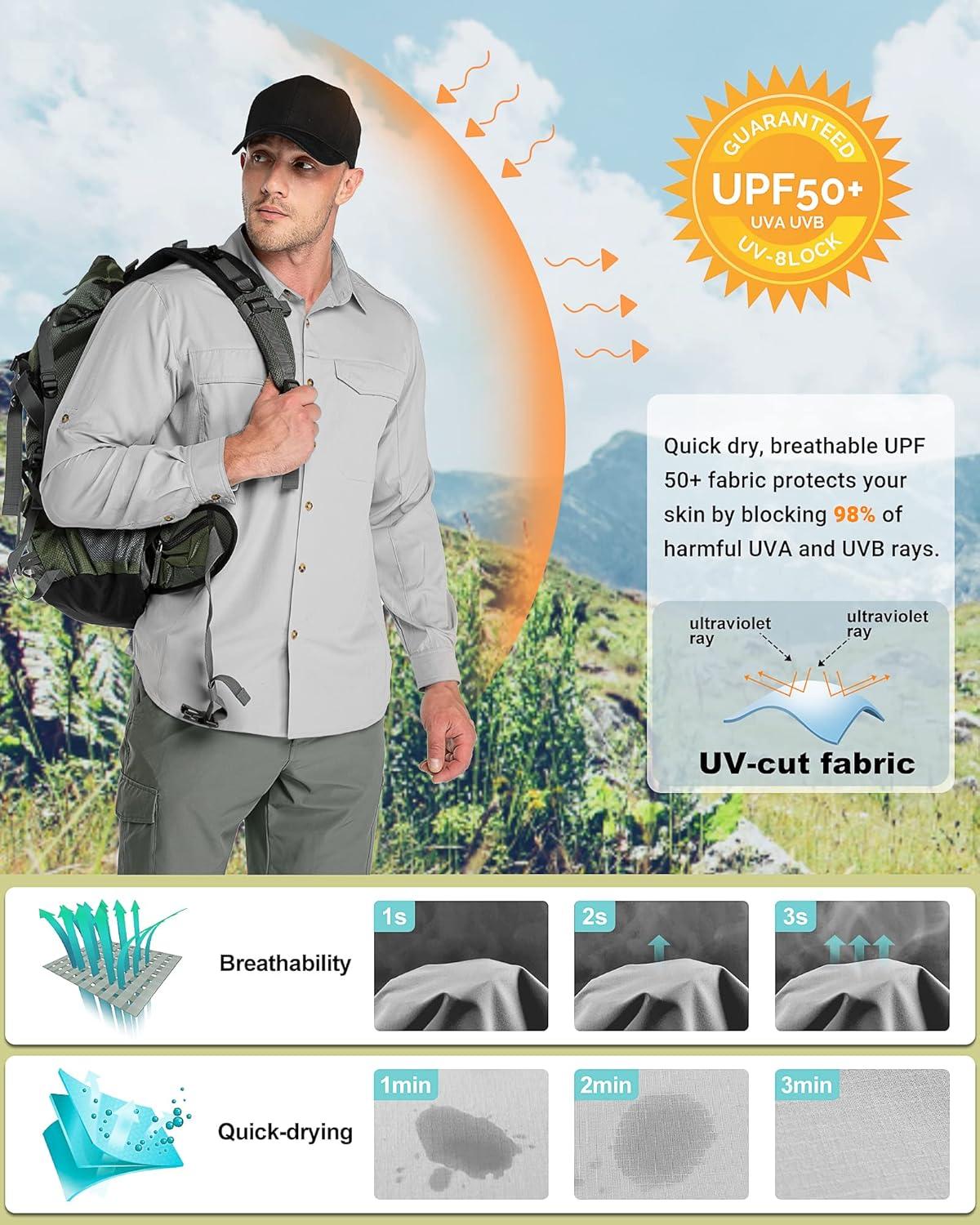 Outdoor Ventures Men’s UPF 50+ UV Sun Protection SPF Hiking Shirt Long Sleeve Lightweight Quick Dry for Safari Travel Fishing(Silver Grey)