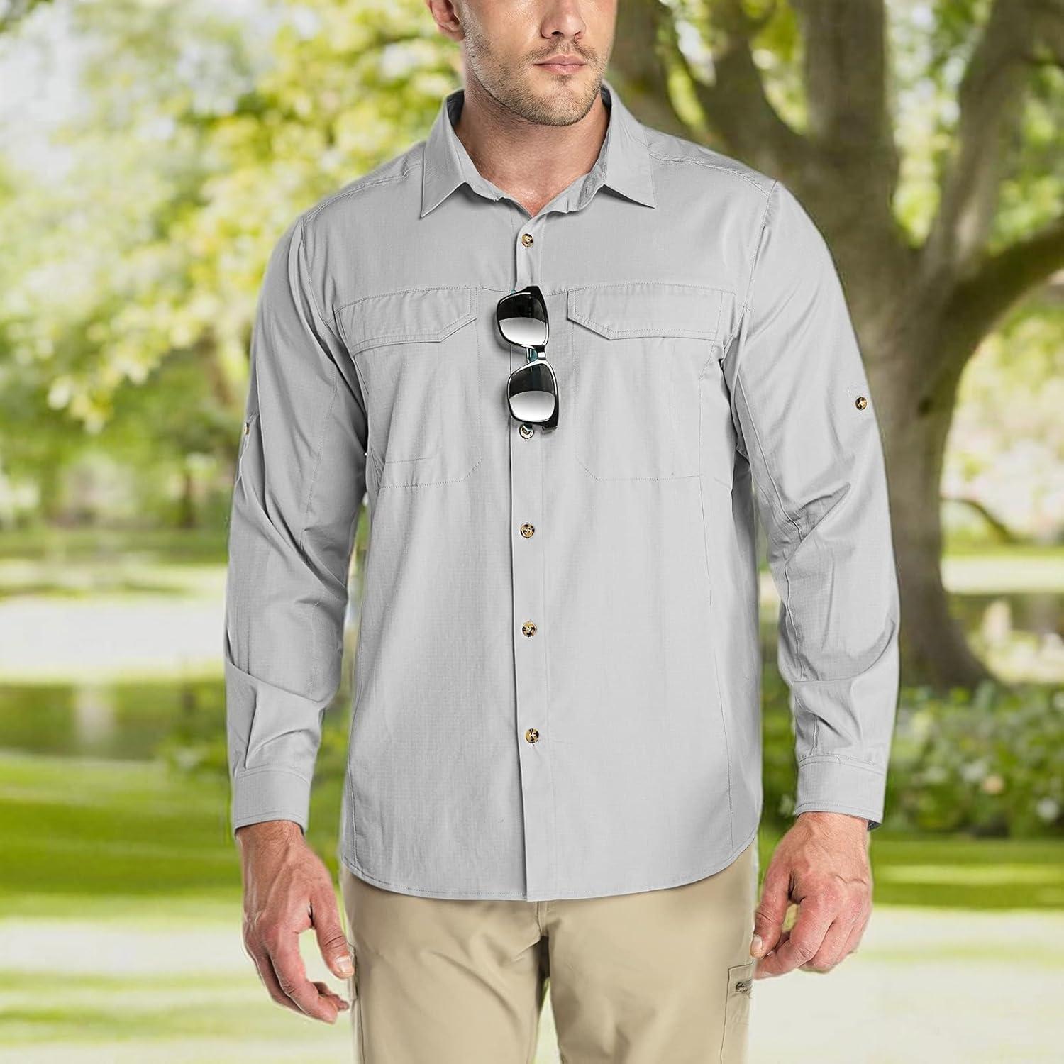 Outdoor Ventures Men’s UPF 50+ UV Sun Protection SPF Hiking Shirt Long Sleeve Lightweight Quick Dry for Safari Travel Fishing(Silver Grey)