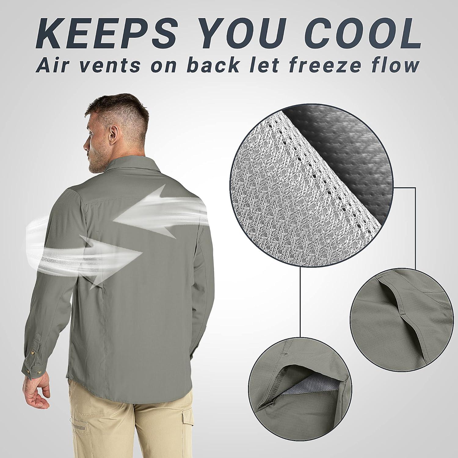 Outdoor Ventures Men’s UPF 50+ UV Sun Protection SPF Hiking Shirt Long Sleeve Lightweight Quick Dry for Safari Travel Fishing(Grey Green)