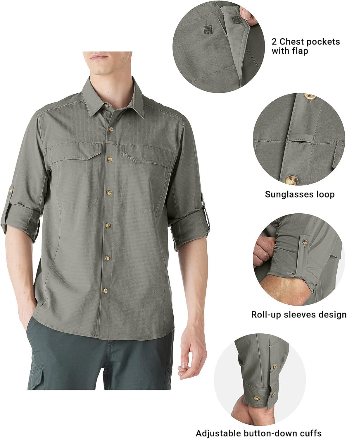 Outdoor Ventures Men’s UPF 50+ UV Sun Protection SPF Hiking Shirt Long Sleeve Lightweight Quick Dry for Safari Travel Fishing(Grey Green)