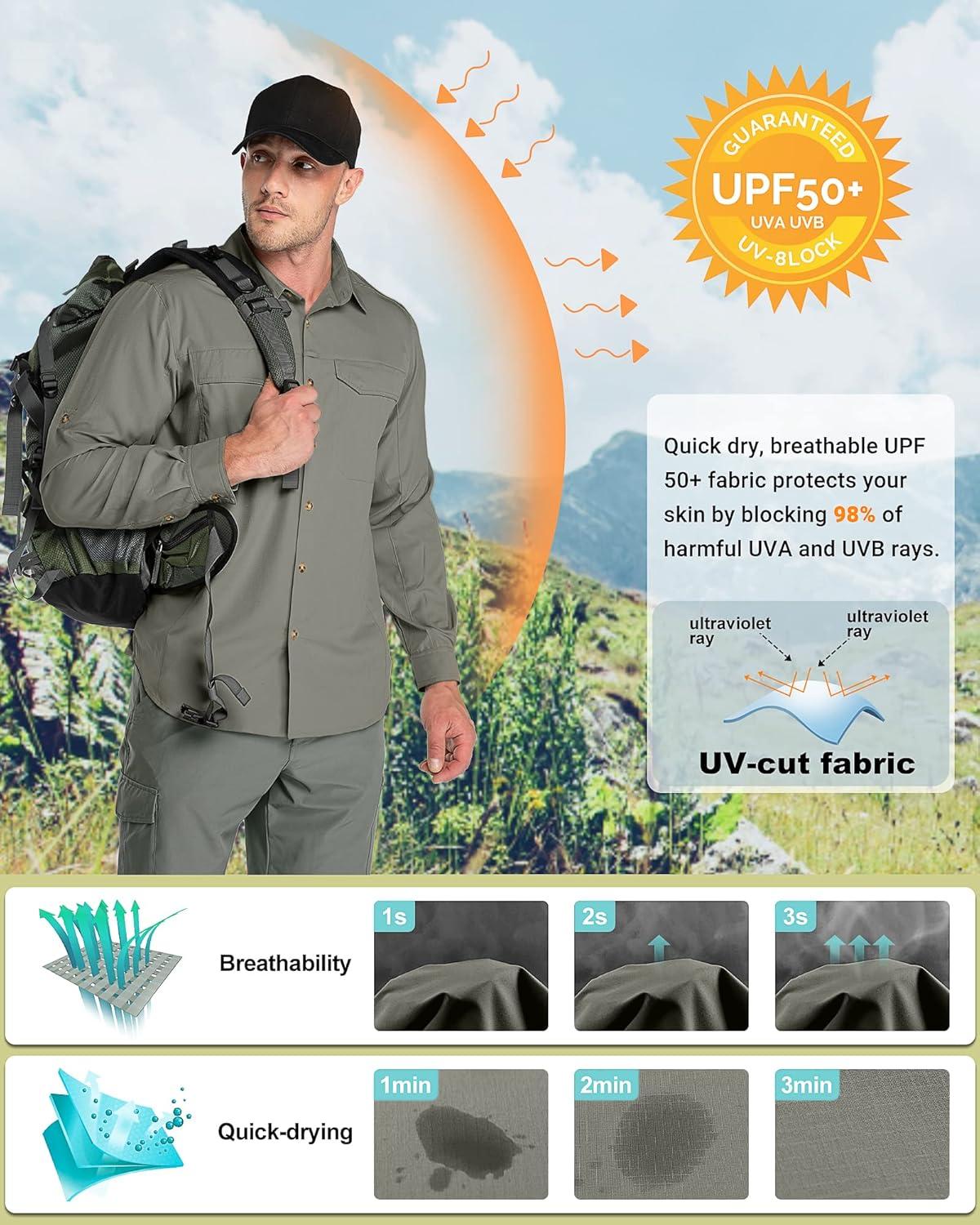 Outdoor Ventures Men’s UPF 50+ UV Sun Protection SPF Hiking Shirt Long Sleeve Lightweight Quick Dry for Safari Travel Fishing(Grey Green)