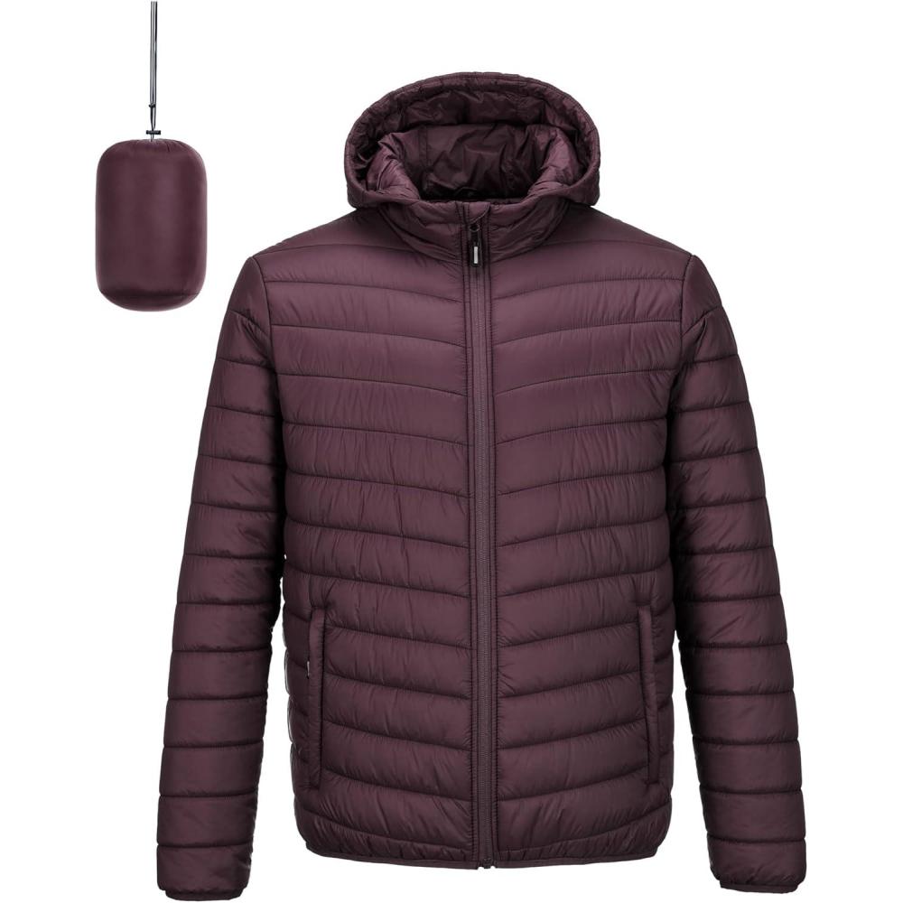 Outdoor Ventures Men’s Lightweight Packable Hooded Puffer Jacket Insulated Winter Coat for Snow Ski Traveling(Eggplant(fold in Bag))