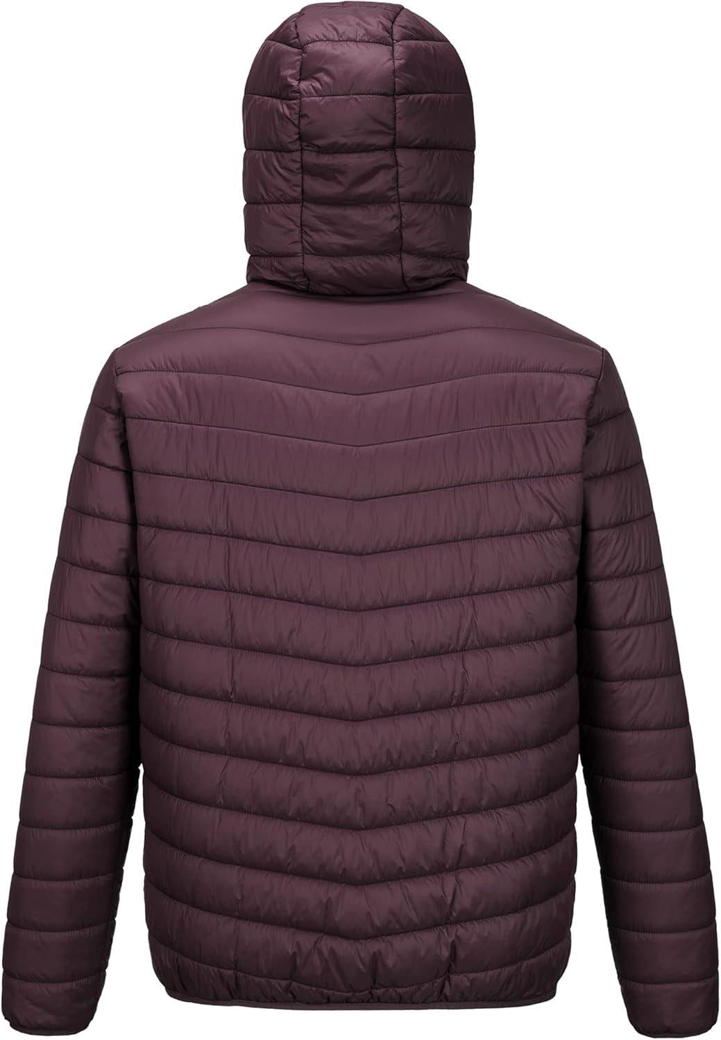 Outdoor Ventures Men’s Lightweight Packable Hooded Puffer Jacket Insulated Winter Coat for Snow Ski Traveling(Eggplant(fold in Bag))