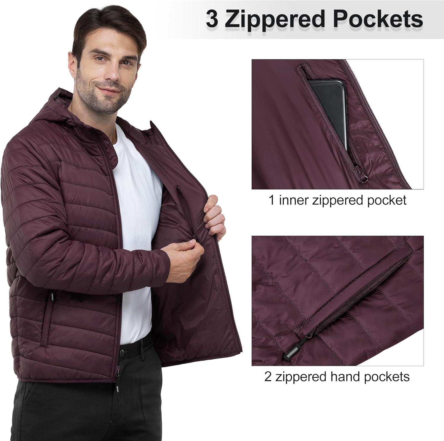 Outdoor Ventures Men’s Lightweight Packable Hooded Puffer Jacket Insulated Winter Coat for Snow Ski Traveling(Eggplant(fold in Bag))