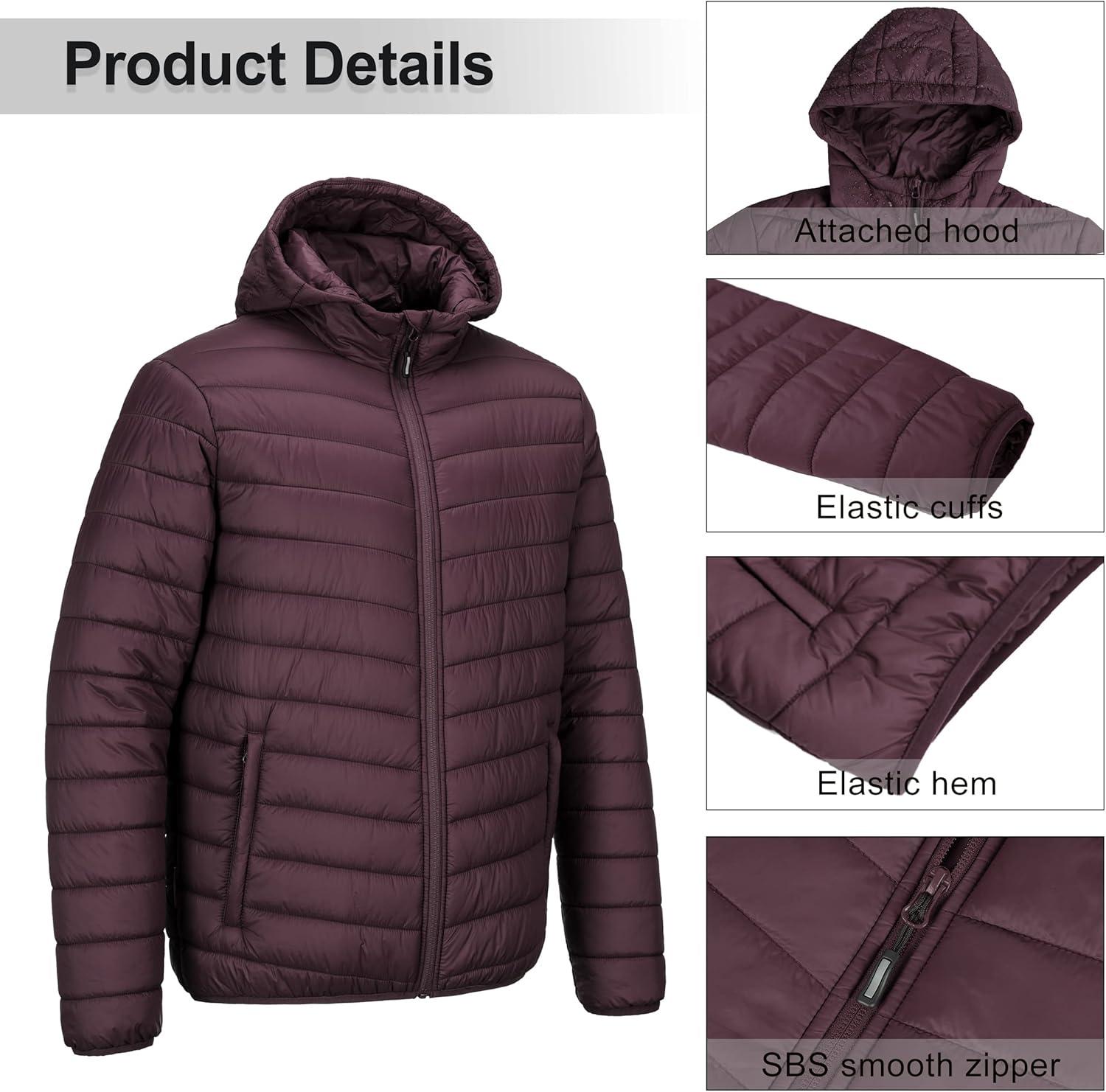 Outdoor Ventures Men’s Lightweight Packable Hooded Puffer Jacket Insulated Winter Coat for Snow Ski Traveling(Eggplant(fold in Bag))