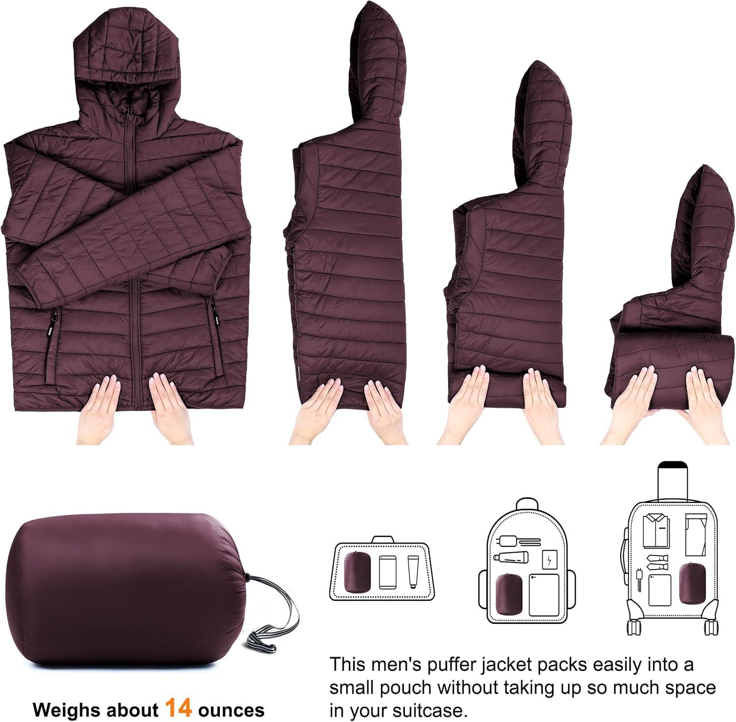 Outdoor Ventures Men’s Lightweight Packable Hooded Puffer Jacket Insulated Winter Coat for Snow Ski Traveling(Eggplant(fold in Bag))