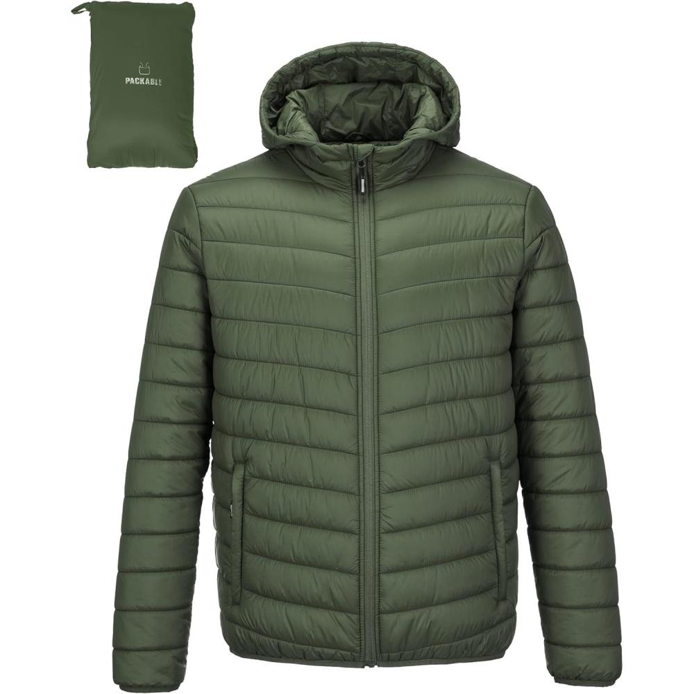 Outdoor Ventures Men’s Lightweight Packable Hooded Puffer Jacket Insulated Winter Coat for Snow Ski Traveling(Army Green(fold in Pocket))