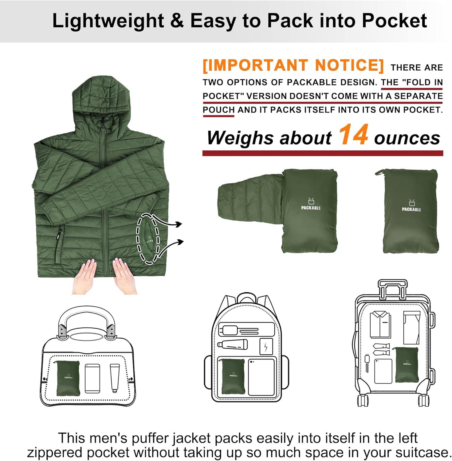 Outdoor Ventures Men’s Lightweight Packable Hooded Puffer Jacket Insulated Winter Coat for Snow Ski Traveling(Army Green(fold in Pocket))