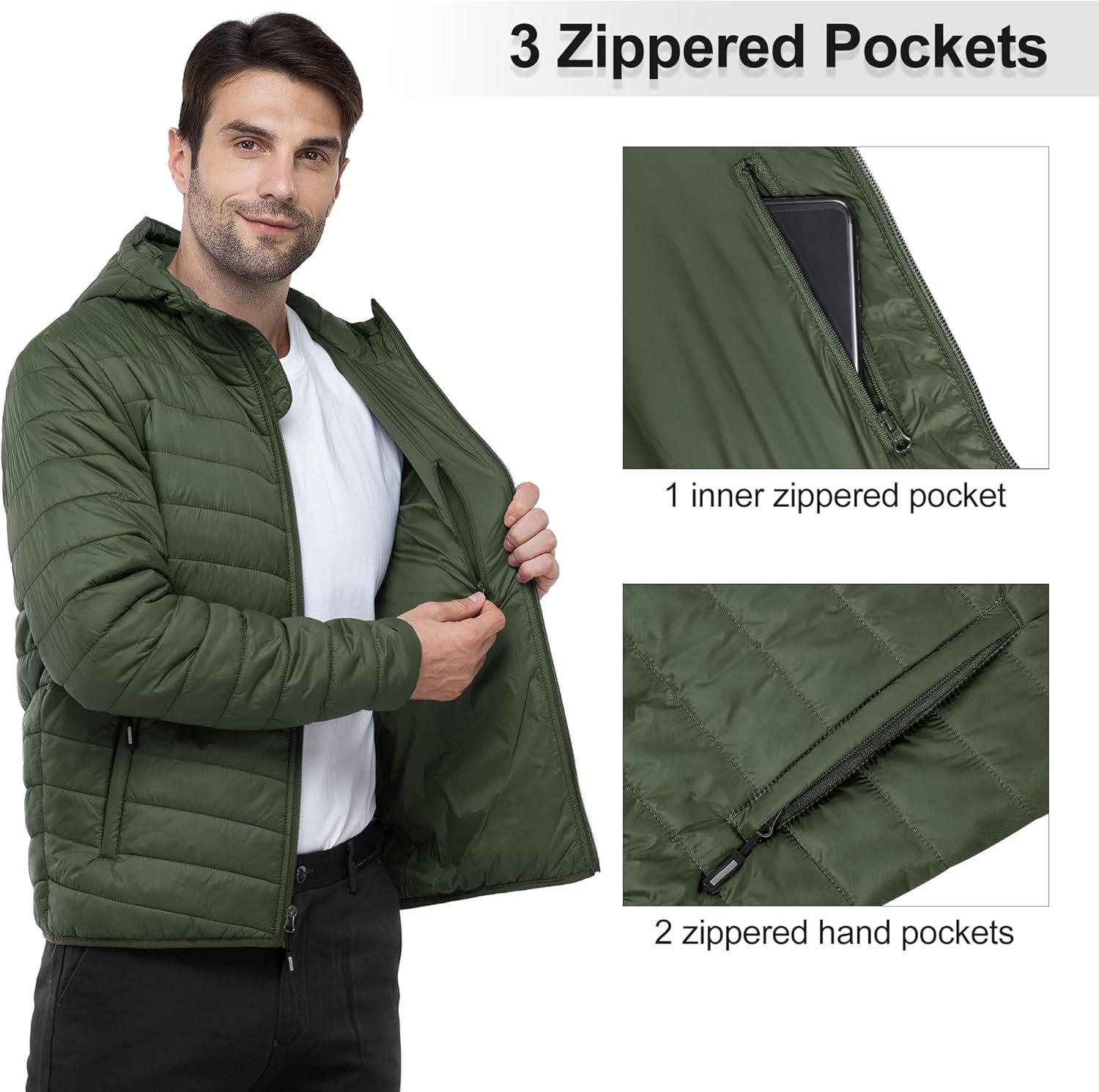 Outdoor Ventures Men’s Lightweight Packable Hooded Puffer Jacket Insulated Winter Coat for Snow Ski Traveling(Army Green(fold in Pocket))