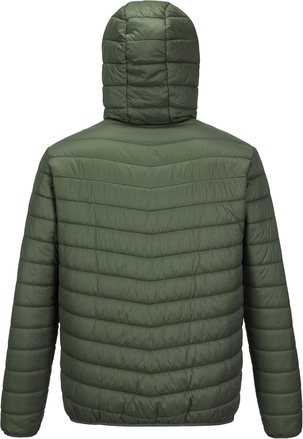 Outdoor Ventures Men’s Lightweight Packable Hooded Puffer Jacket Insulated Winter Coat for Snow Ski Traveling(Army Green(fold in Pocket))