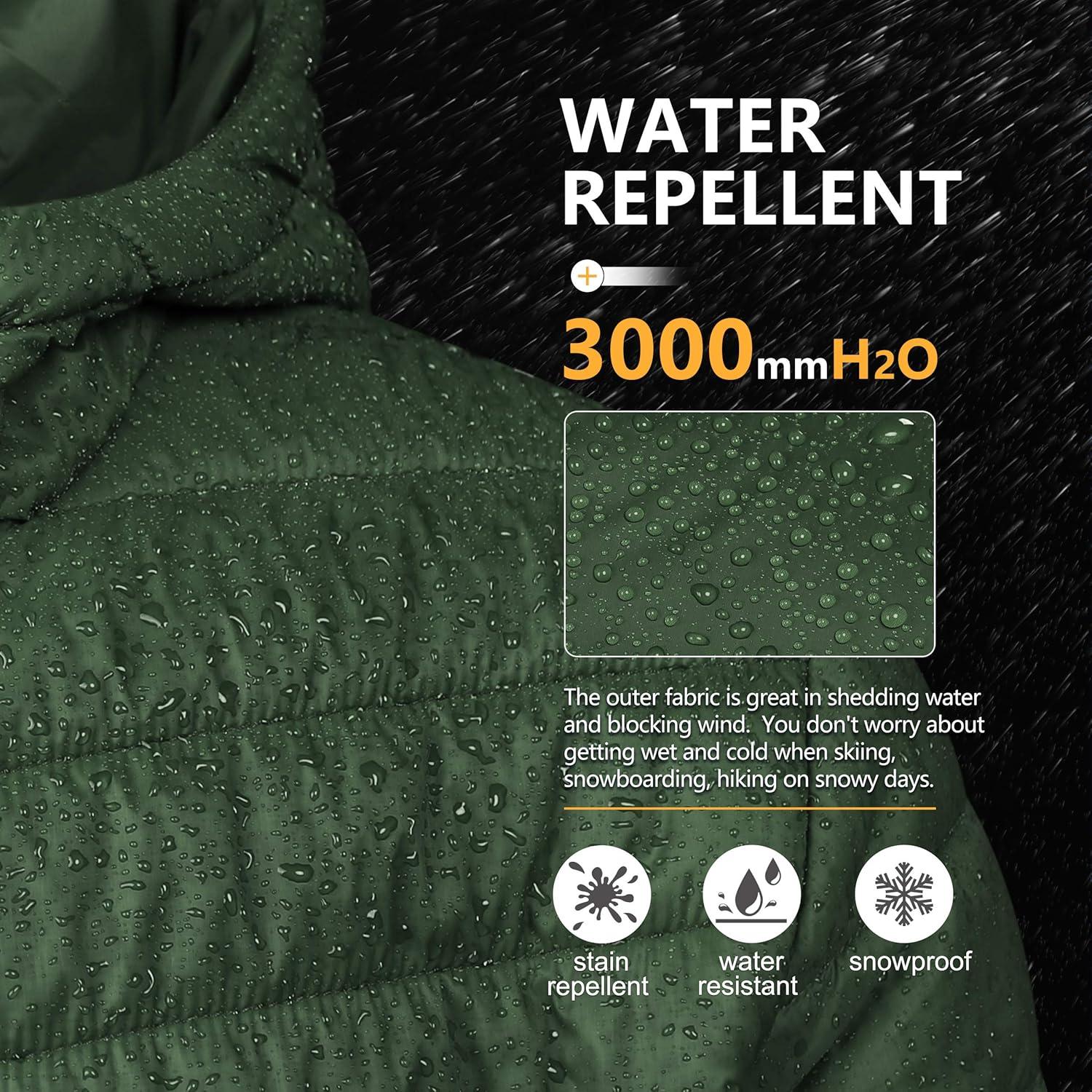 Outdoor Ventures Men’s Lightweight Packable Hooded Puffer Jacket Insulated Winter Coat for Snow Ski Traveling(Army Green(fold in Pocket))