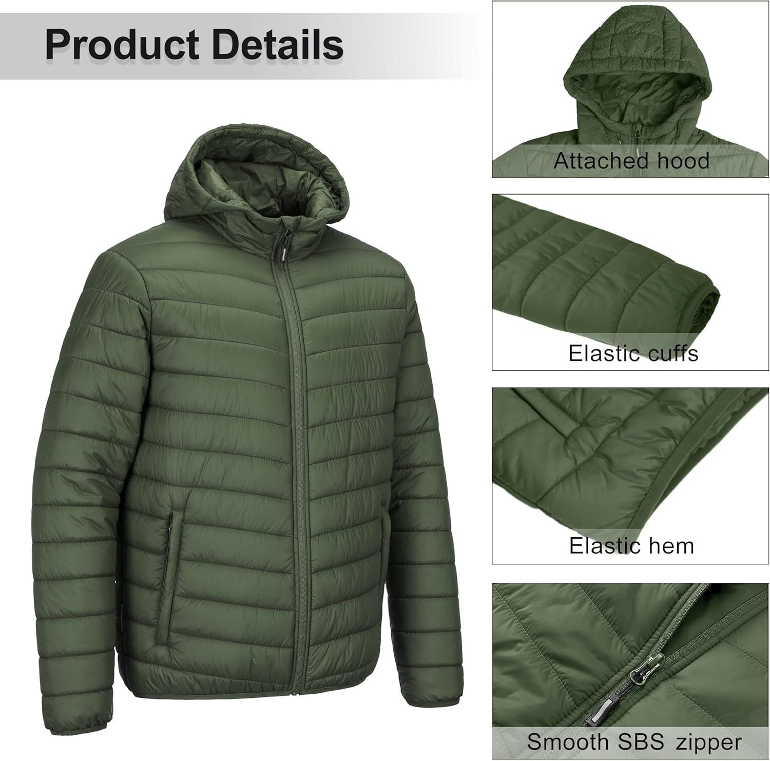 Outdoor Ventures Men’s Lightweight Packable Hooded Puffer Jacket Insulated Winter Coat for Snow Ski Traveling(Army Green(fold in Pocket))