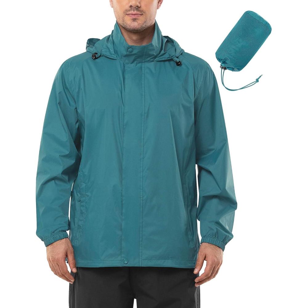 Outdoor Ventures Men’s Rain Jacket Waterproof Lightweight Packable Rain Shell Raincoat with Hood for Golf Hiking Travel(Cadet Blue)