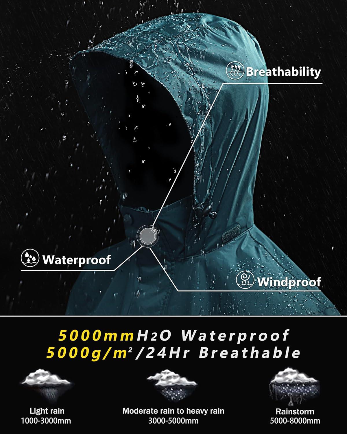 Outdoor Ventures Men’s Rain Jacket Waterproof Lightweight Packable Rain Shell Raincoat with Hood for Golf Hiking Travel(Cadet Blue)