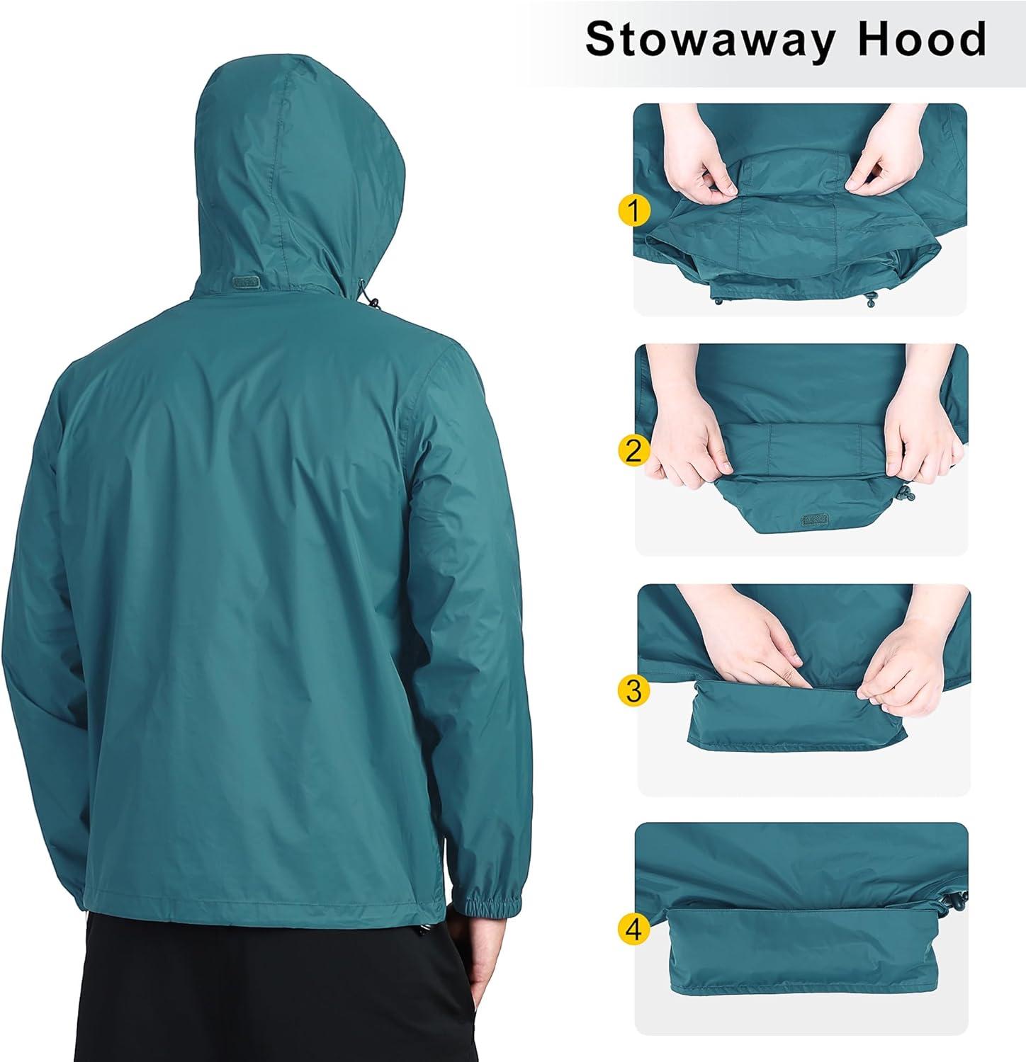 Outdoor Ventures Men’s Rain Jacket Waterproof Lightweight Packable Rain Shell Raincoat with Hood for Golf Hiking Travel(Cadet Blue)
