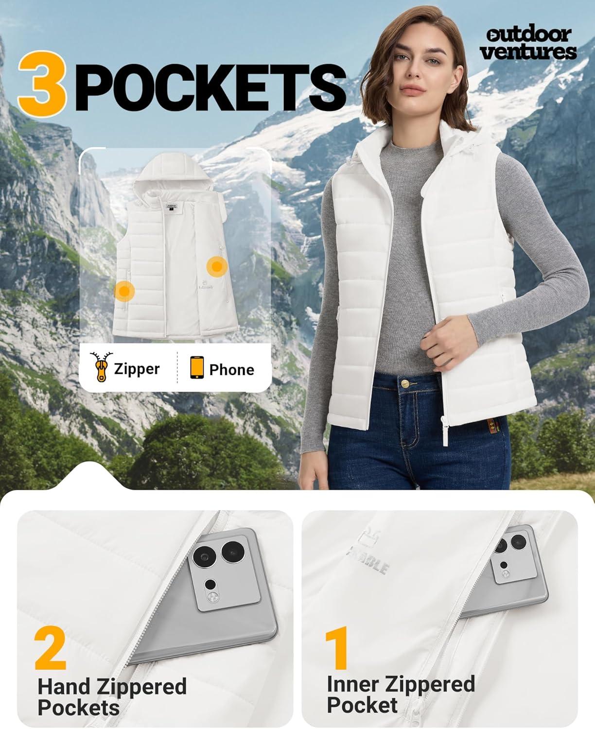 Outdoor Ventures Women’s Lightweight Packable Hooded Puffer Vest Outerwear Zip Up Warm Sleeveless Winter Jacket Quilted Coat(Cream)