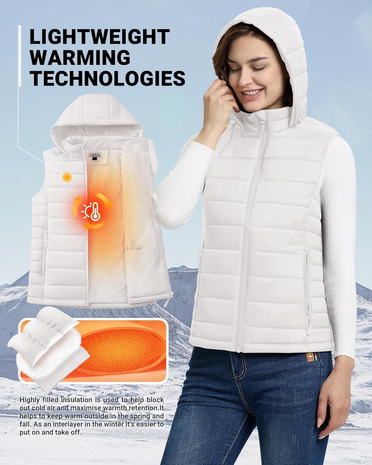Outdoor Ventures Women’s Lightweight Packable Hooded Puffer Vest Outerwear Zip Up Warm Sleeveless Winter Jacket Quilted Coat(Cream)