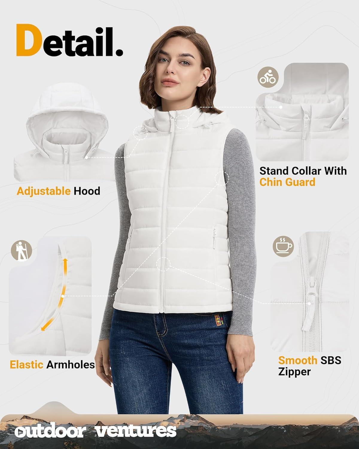 Outdoor Ventures Women’s Lightweight Packable Hooded Puffer Vest Outerwear Zip Up Warm Sleeveless Winter Jacket Quilted Coat(Cream)