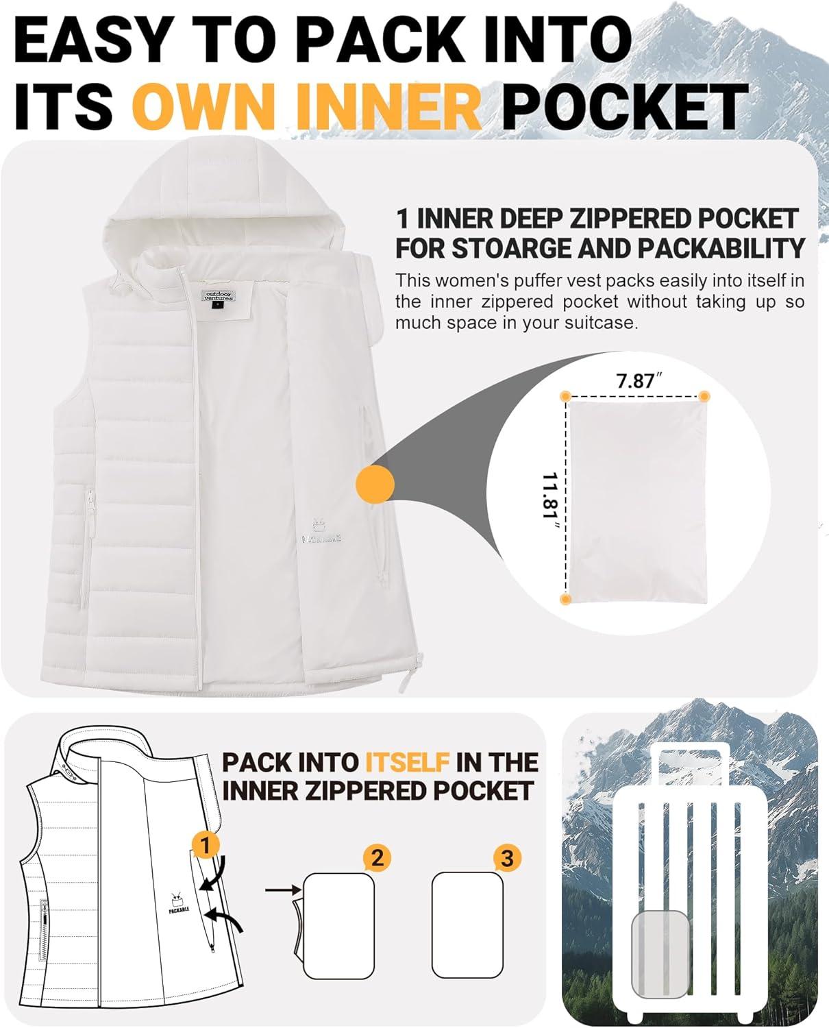 Outdoor Ventures Women’s Lightweight Packable Hooded Puffer Vest Outerwear Zip Up Warm Sleeveless Winter Jacket Quilted Coat(Cream)