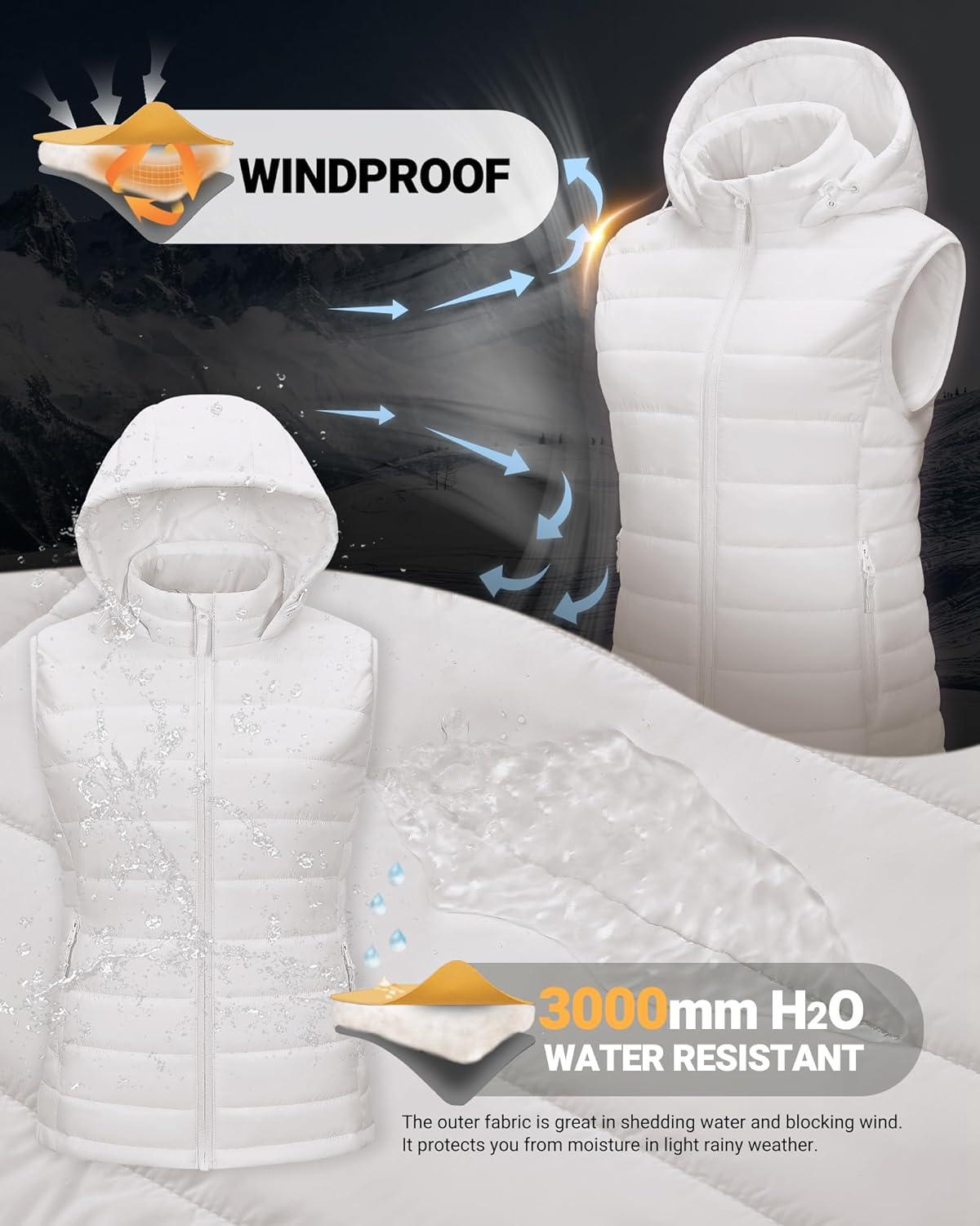 Outdoor Ventures Women’s Lightweight Packable Hooded Puffer Vest Outerwear Zip Up Warm Sleeveless Winter Jacket Quilted Coat(Cream)