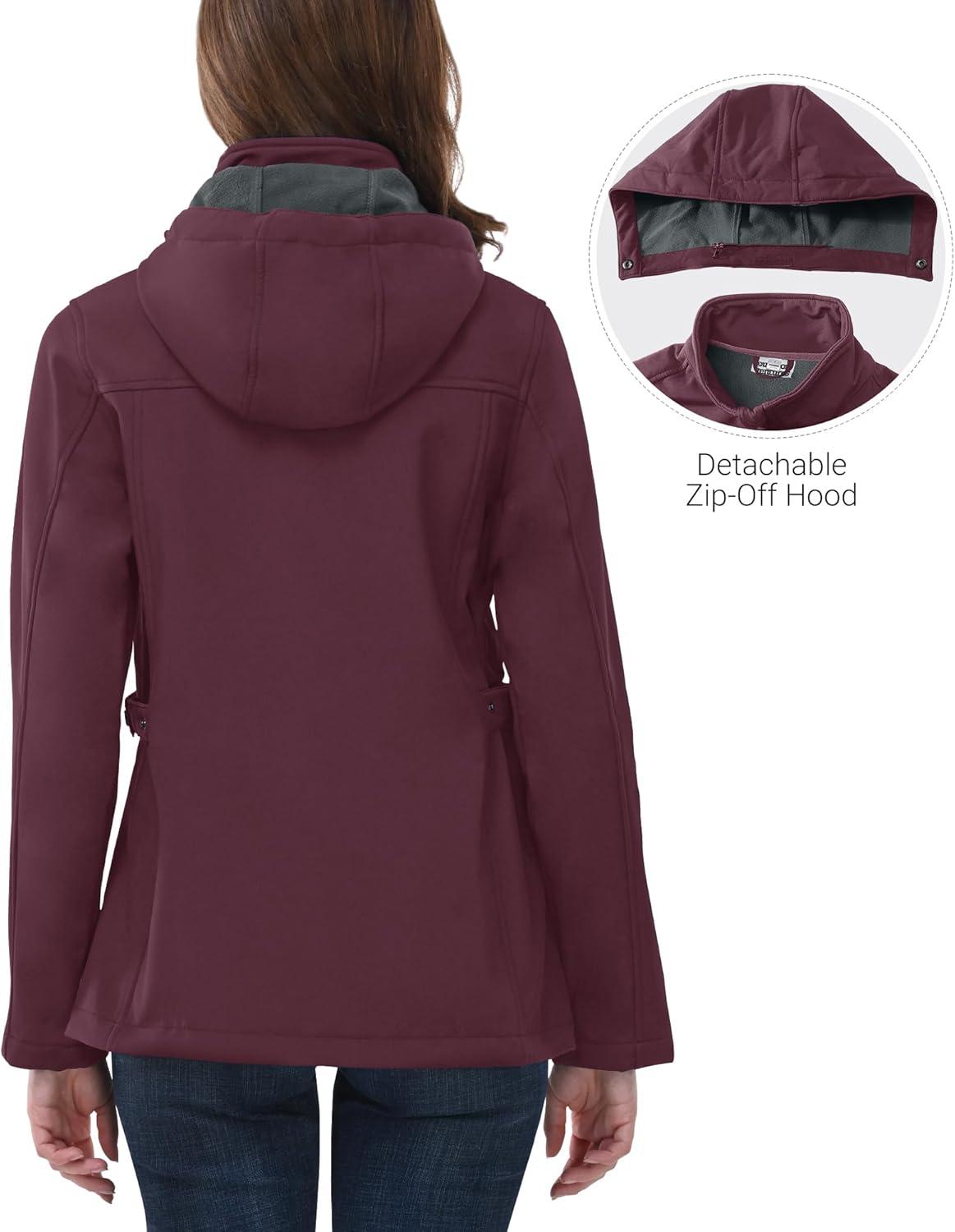 Outdoor Ventures Women’s Softshell Jacket with Removable Hood, Insulated Windbreaker Waterproof Warm Fleece Lined Coat(Wine)