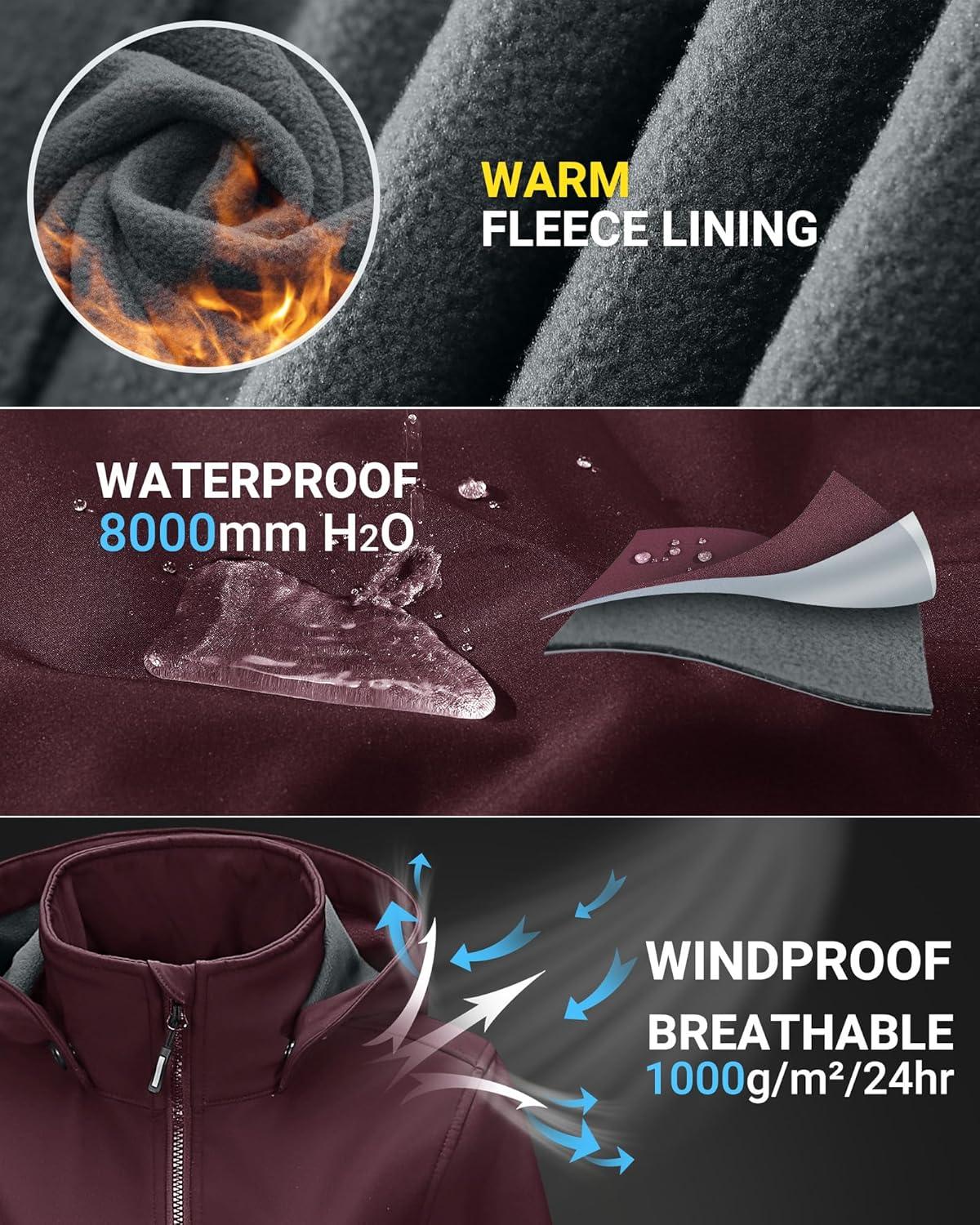 Outdoor Ventures Women’s Softshell Jacket with Removable Hood, Insulated Windbreaker Waterproof Warm Fleece Lined Coat(Wine)