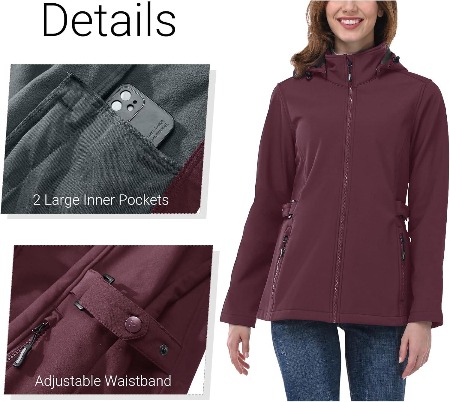 Outdoor Ventures Women’s Softshell Jacket with Removable Hood, Insulated Windbreaker Waterproof Warm Fleece Lined Coat(Wine)