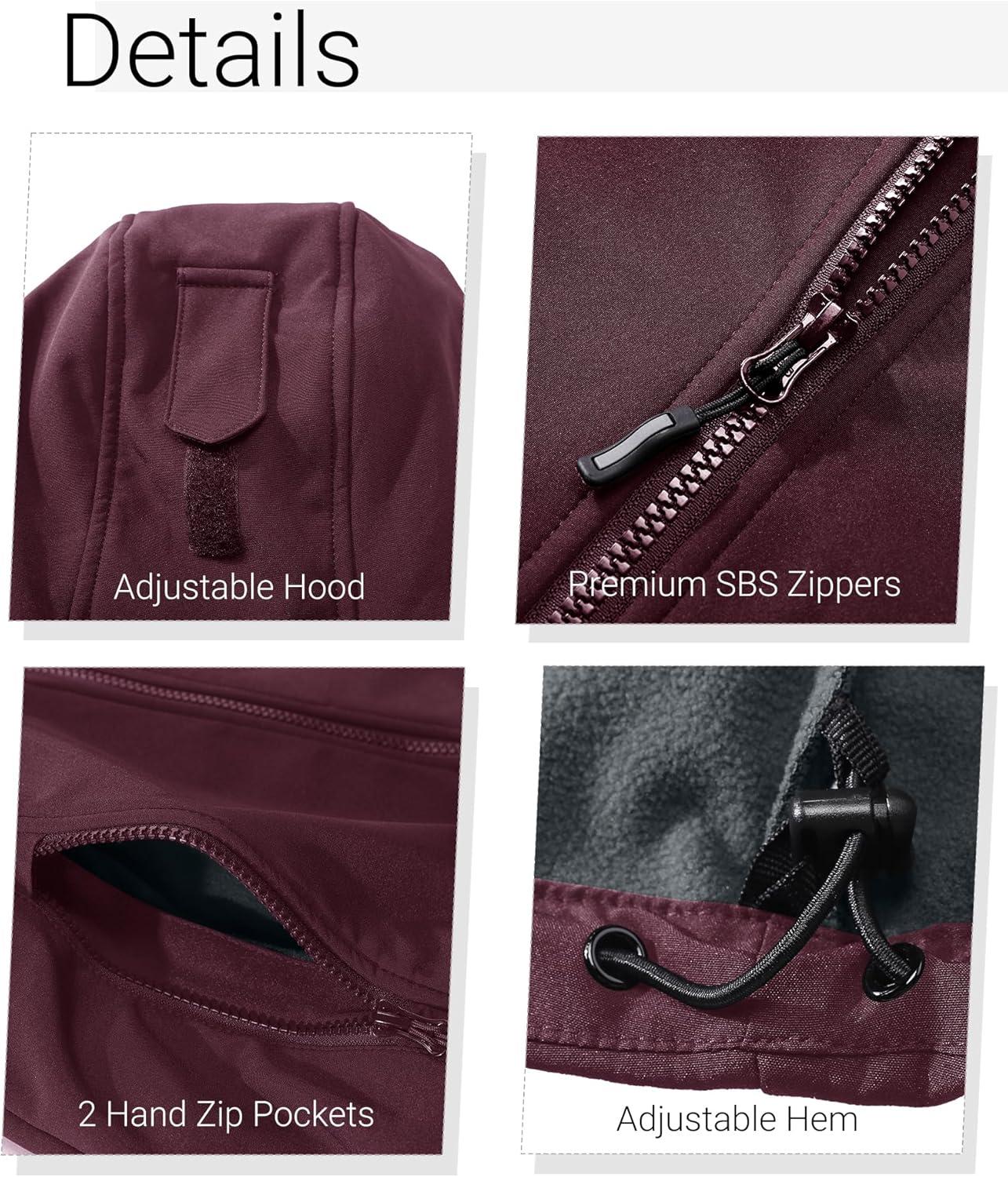 Outdoor Ventures Women’s Softshell Jacket with Removable Hood, Insulated Windbreaker Waterproof Warm Fleece Lined Coat(Wine)