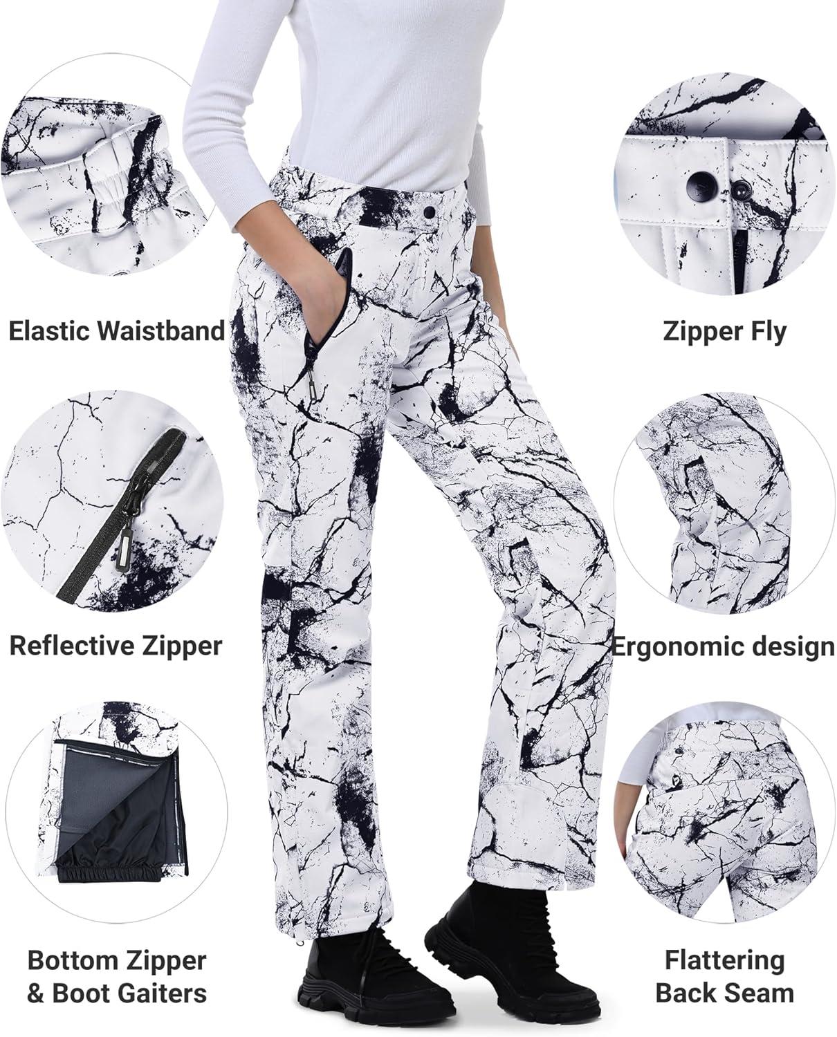 Outdoor Ventures Ski Pants Women Waterproof Insulated Snow Soft Shell Fleece Lined Snowboard Windproof with Boot Gaiters(Fissure Grey- New Versione)
