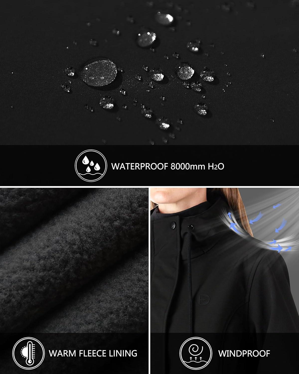 Outdoor Ventures Women’s Lightweight Waterproof Fleece Lined Hooded Softshell Rain Jacket, Warm Windbreaker Long Coat(Black)