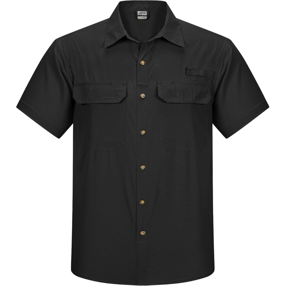 Outdoor Ventures Men’s Lightweight Short Sleeve Fishing Shirt UPF 50 Button Down Quick Dry Cooling Hiking Travel Safari Shirt(Black)