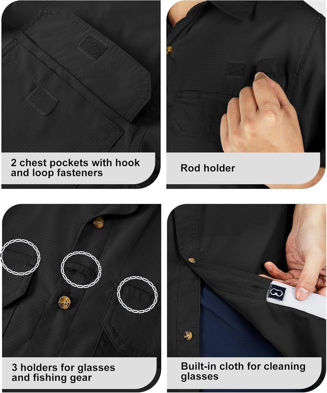 Outdoor Ventures Men’s Lightweight Short Sleeve Fishing Shirt UPF 50 Button Down Quick Dry Cooling Hiking Travel Safari Shirt(Black)