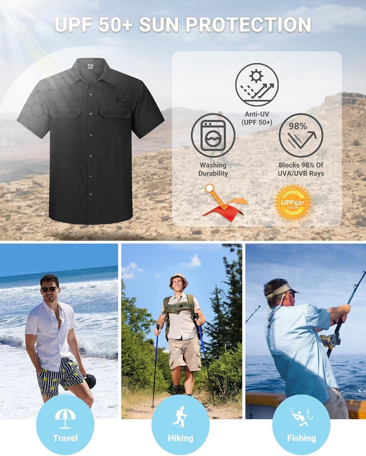 Outdoor Ventures Men’s Lightweight Short Sleeve Fishing Shirt UPF 50 Button Down Quick Dry Cooling Hiking Travel Safari Shirt(Black)