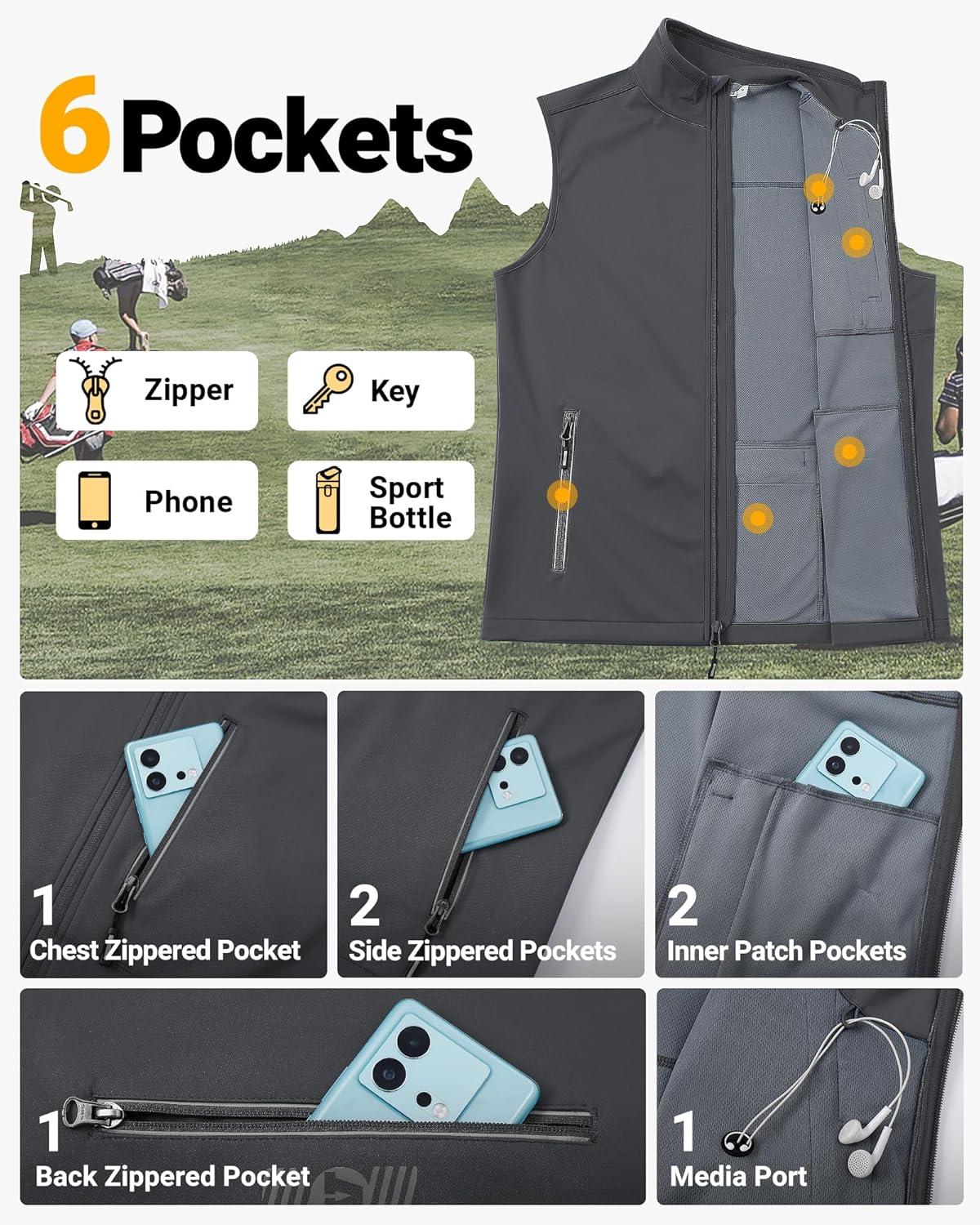 Outdoor Ventures Men’s Windproof Softshell Vest Outerwear Lightweight Sleeveless Jacket for Running Golf Hiking Travel(Cool Grey)