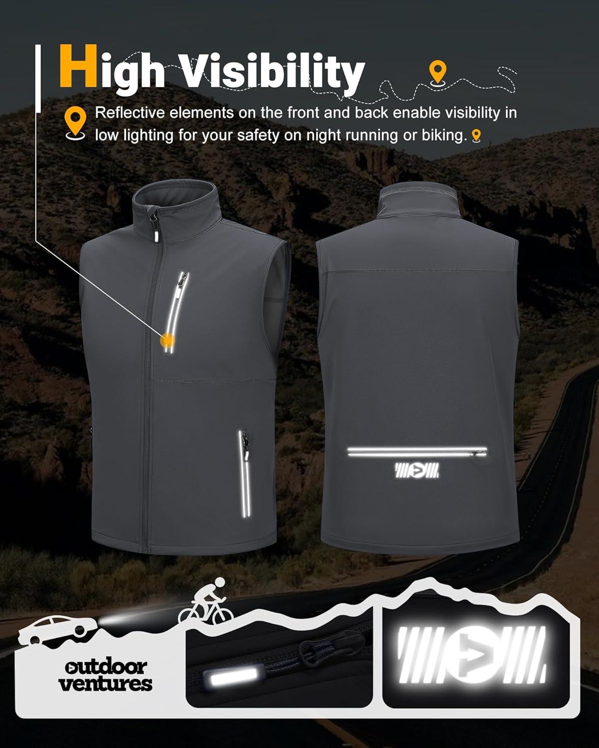 Outdoor Ventures Men’s Windproof Softshell Vest Outerwear Lightweight Sleeveless Jacket for Running Golf Hiking Travel(Cool Grey)