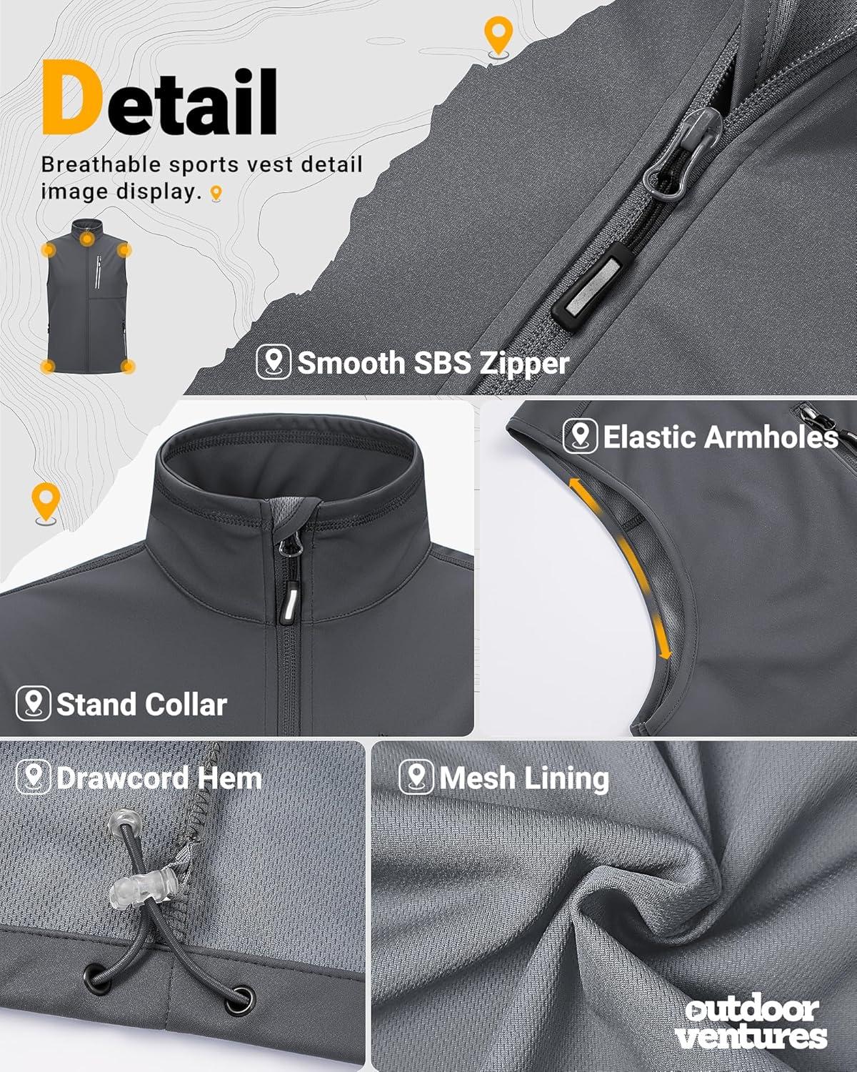 Outdoor Ventures Men’s Windproof Softshell Vest Outerwear Lightweight Sleeveless Jacket for Running Golf Hiking Travel(Cool Grey)