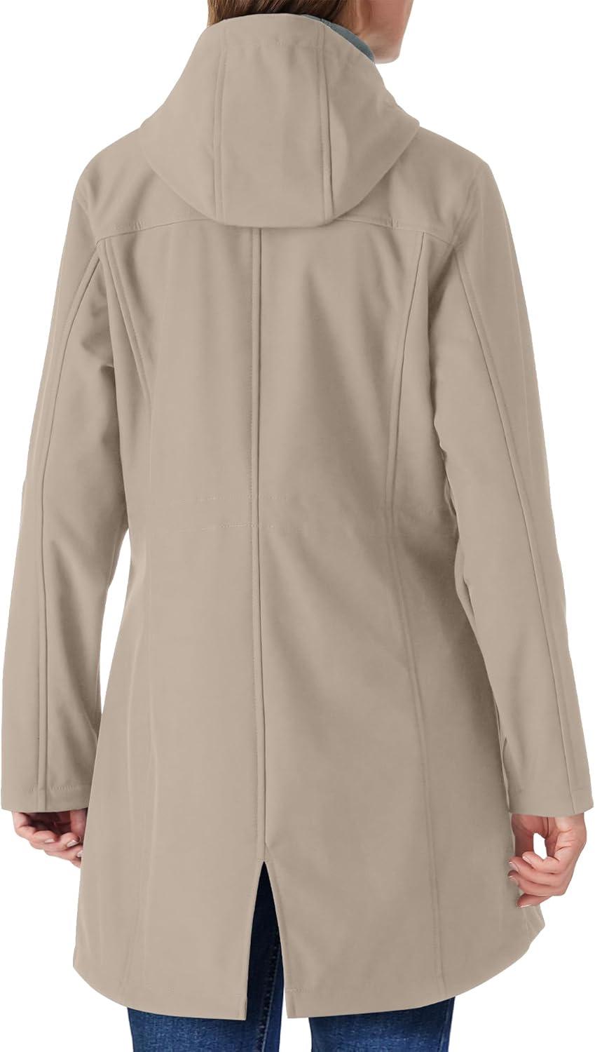 Outdoor Ventures Women’s Lightweight Waterproof Fleece Lined Hooded Softshell Rain Jacket, Warm Windbreaker Long Coat(Light Khaki)