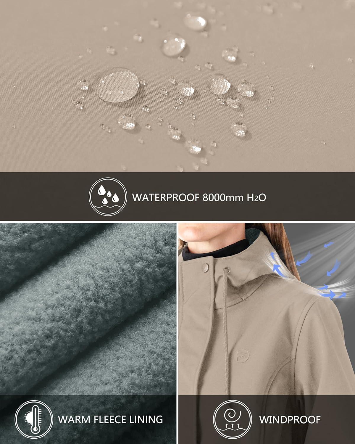 Outdoor Ventures Women’s Lightweight Waterproof Fleece Lined Hooded Softshell Rain Jacket, Warm Windbreaker Long Coat(Light Khaki)