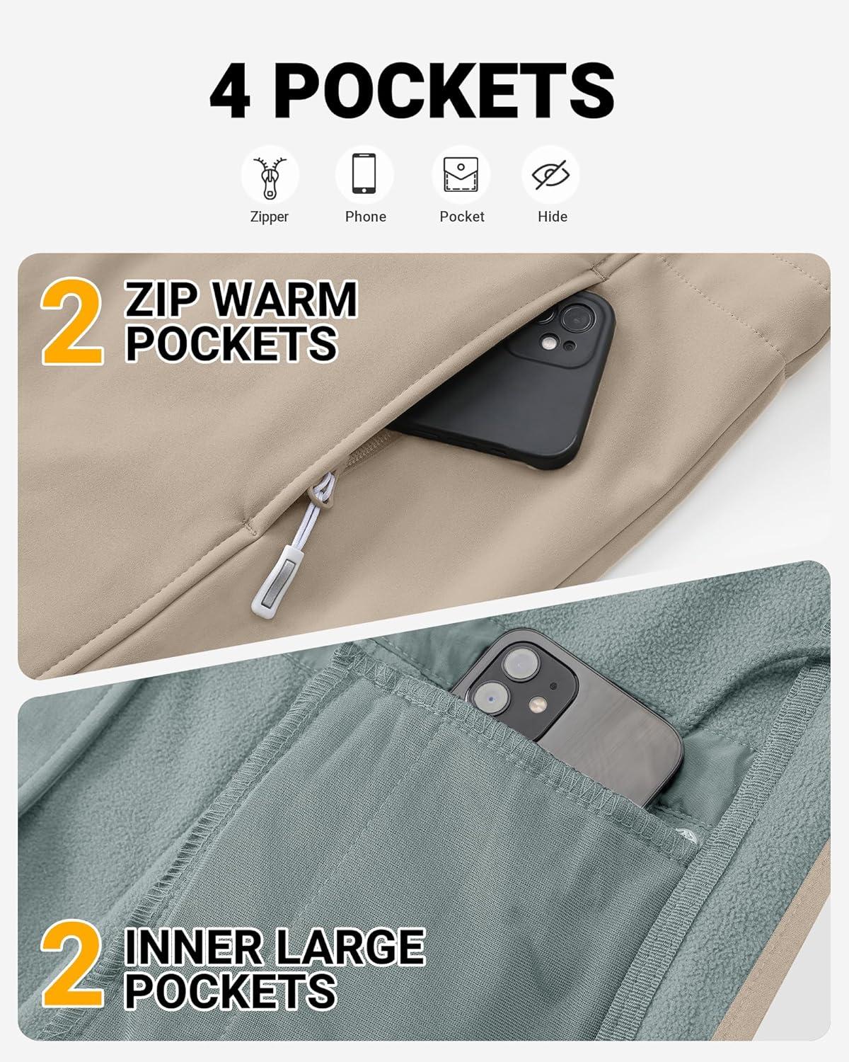 Outdoor Ventures Women’s Lightweight Waterproof Fleece Lined Hooded Softshell Rain Jacket, Warm Windbreaker Long Coat(Light Khaki)